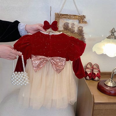 C1-108 聖誕新款釘珠蝴蝶結加絨加厚洋裝公主裙4