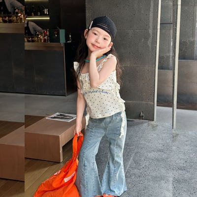 D1-016 韓版波點吊帶不規則設計款背心+喇叭牛仔裤1