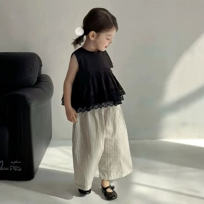 C1-087 洋氣黑色背心娃娃衫無袖蕾絲長褲套裝1