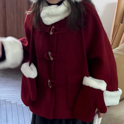 C1-034 聖誕新款棉衣厚實牛角扣羊絨呢料外套上衣送手套7