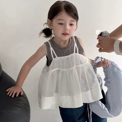 C1-075 灰色背心白色網紗吊帶裙牛仔褲2