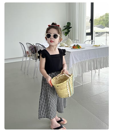 C1-011 露背繫帶方領上衣加格紋寬褲套裝2