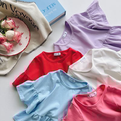B1-002 韓版純色甜美上衣飛飛袖女童短袖T7