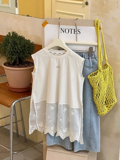 A1-001 森林系疊穿甜美蕾絲拼接背心時尚長版字母無袖上衣8