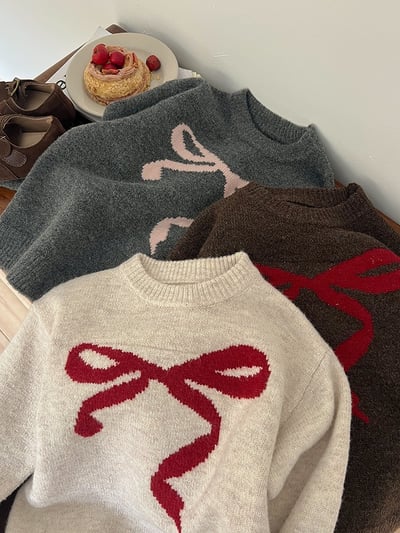 A1-033 聖誕新款甜美蝴蝶結提花加厚針織毛衣14