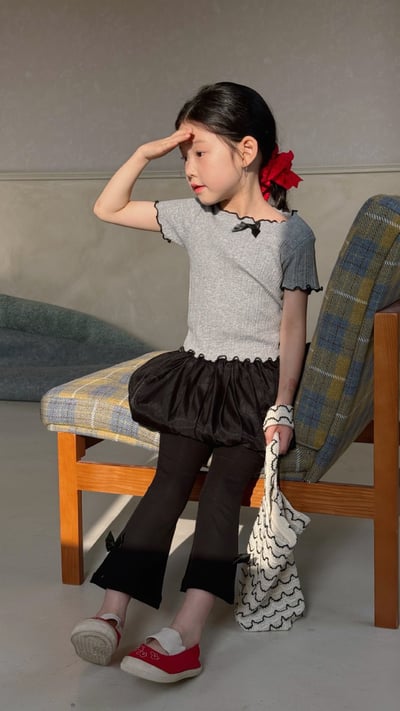 D1-013 韓版蝴蝶結短袖上衣淑女短袖灰色上衣+黑色裙褲8