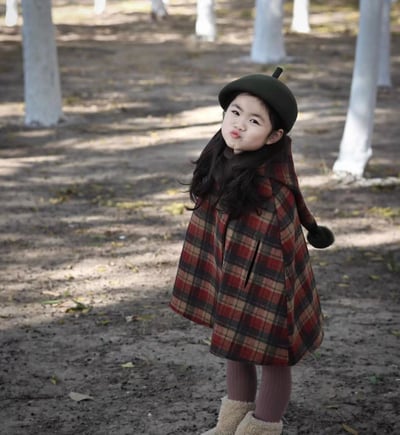 C1-038 聖誕新款尖尖帽格子夹棉加厚呢大衣斗篷外套3