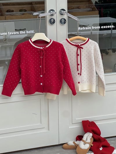 A1-029 聖誕新年波點蝴蝶結綿羊絨針織毛衣外套11