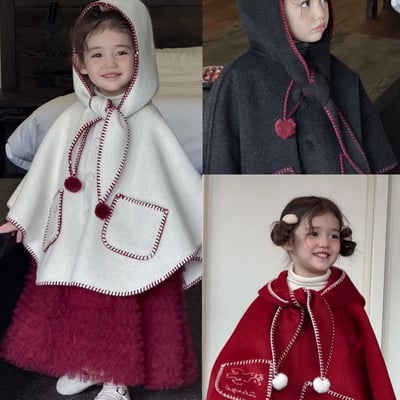 C1-106 聖誕新款雙面呢料連帽毛球斗篷加厚外套1