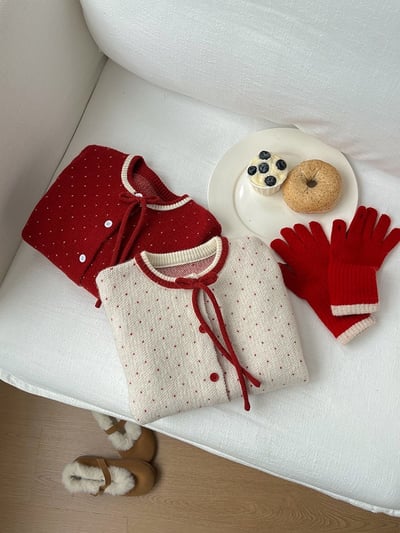 A1-029 聖誕新年波點蝴蝶結綿羊絨針織毛衣外套10