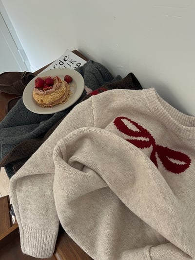 A1-033 聖誕新款甜美蝴蝶結提花加厚針織毛衣11