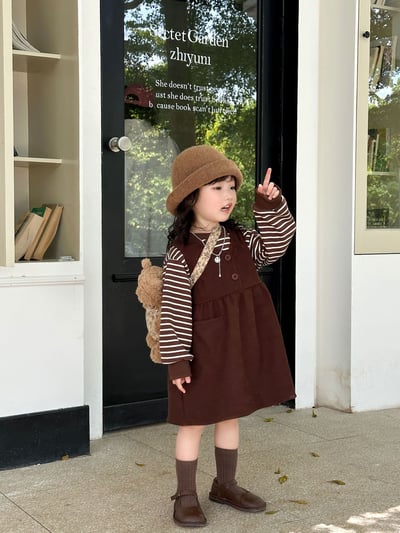 C1-022 圓條紋長袖上衣加燈芯絨背心裙套裝3