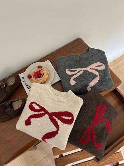 A1-033 聖誕新款甜美蝴蝶結提花加厚針織毛衣13