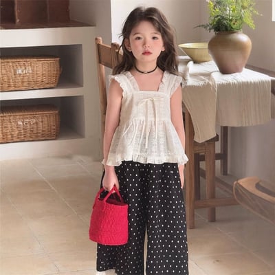 C1-076 蕾絲吊帶襯衫時髦蕾絲波點闊腿褲套裝1