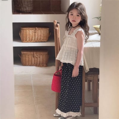 C1-076 蕾絲吊帶襯衫時髦蕾絲波點闊腿褲套裝4