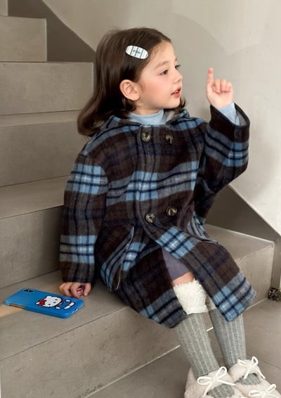 C1-050 小清新格子呢料夾棉加厚連帽大衣外套3