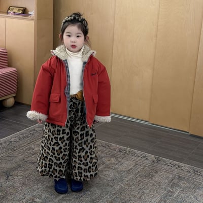 D1-024 夾棉毛領棉服兩面穿外套+加絨豹紋褲1