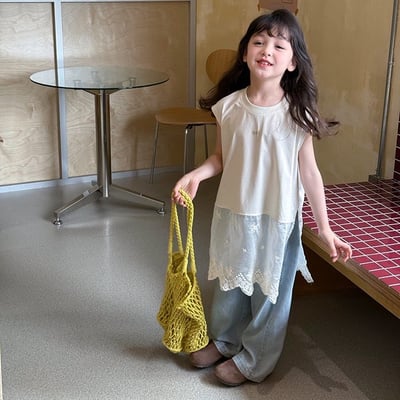 A1-001 森林系疊穿甜美蕾絲拼接背心時尚長版字母無袖上衣1