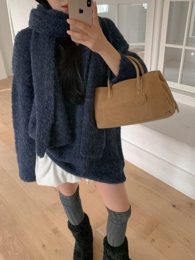 De21 慵懶寬鬆V領毛衣(附圍巾)1