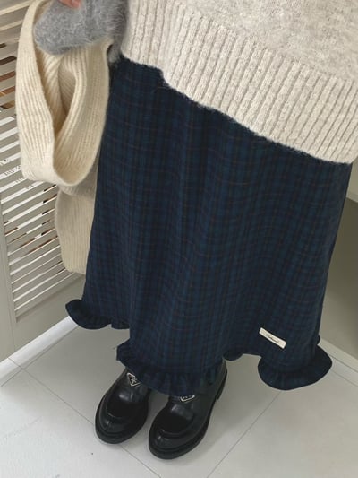 De07 毛呢格紋花邊裙5