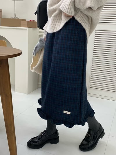 De07 毛呢格紋花邊裙4