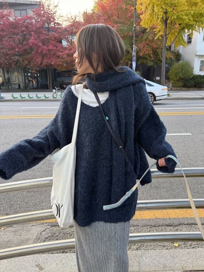 De21 慵懶寬鬆V領毛衣(附圍巾)3