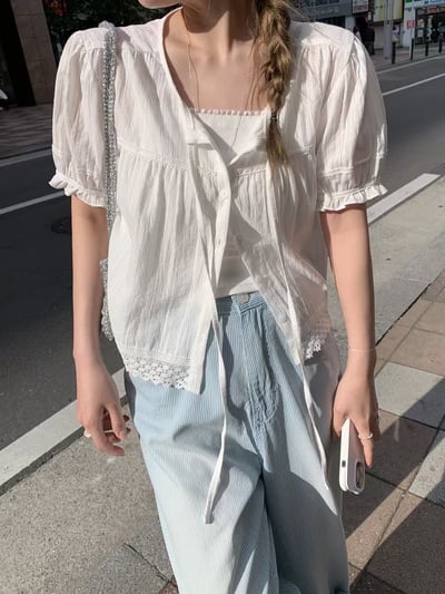 J01 法式花邊綁帶襯衫2