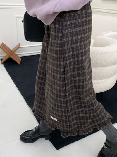 De07 毛呢格紋花邊裙2