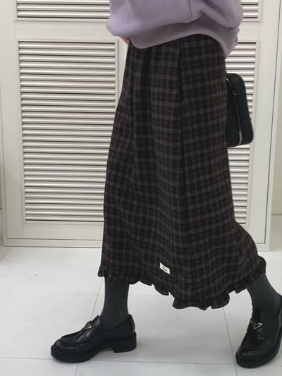 De07 毛呢格紋花邊裙1