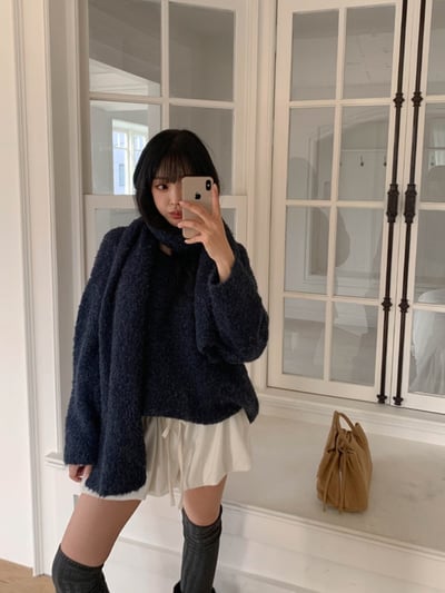 De21 慵懶寬鬆V領毛衣(附圍巾)2