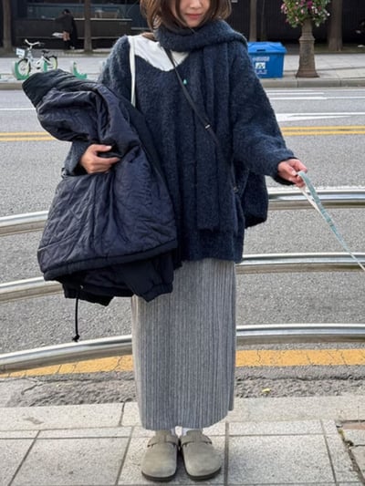 De21 慵懶寬鬆V領毛衣(附圍巾)4