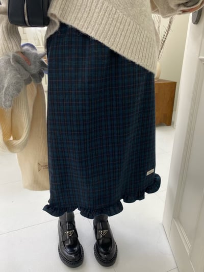 De07 毛呢格紋花邊裙6