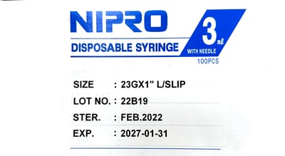 【NIPRO】 3cc 23G*1'' 100支/盒 (泰製)2