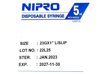 【NIPRO】 5cc 23G*1'' 100支/盒 (泰製)2