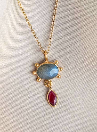 🌖拉長石x紅寶石墜鍍金鍊💫2