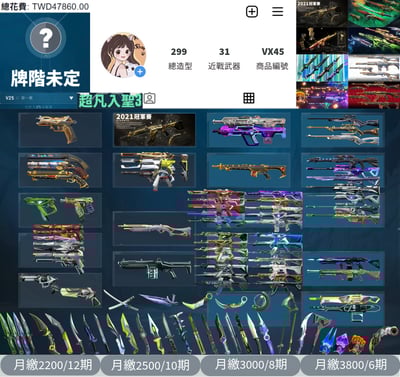 【編號VX45】月付2200元起 主打絕版冠軍21套+冠軍22套+VCT憐憫之刃+電玩RS套+惡鬼套+RGX套+歌德套+瓷藝套冠一冠二11暴徒9幻象31近戰武器等造型1