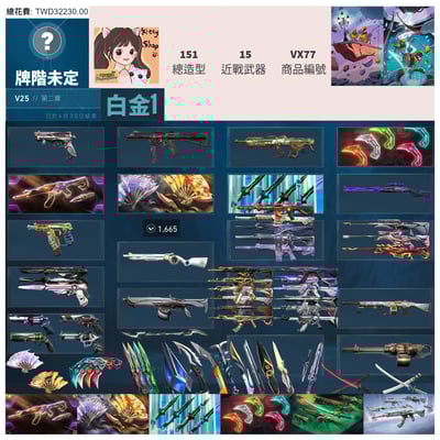 【編號VX77】月付1600元起 主打絕版冠軍2023套+VCT憐憫之刃+2025冠軍爪刀+鳳凰摺扇套+惡鬼套+異變套+雙排日2.0套 EXO玉龍奇點龐克RGX異星等多熱門造型1