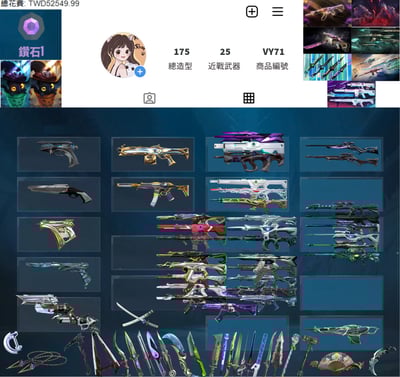 【編號VY71】月付2000元起 主打絕版冠軍2023+冠軍2024套+VCT憐憫之刃+暗夜套+異星套+鎏金2.0套+光炫4套+萬聖節套黑波惡鬼牛扇等10特效暴徒6特效幻象25近戰武器等造型1