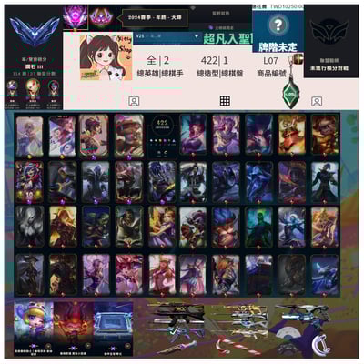 【編號L07】月付800元起 主打全英422造型多神話大師表情頭像 TFT鵝鵝騎士崔絲塔娜萬聖提摩機甲棋盤等造型 冠軍23冠三異星混沌虛無暴徒電幻幻象離子棄王掠奪間諜太極扇等造型1