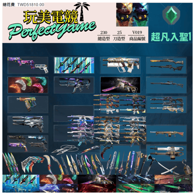 【編號V019】月付2000元起 主打絕版冠軍24套+VCT憐憫之刃+25爪刀+黑波套+邊陲套+奇點3.0套+海洋套+惡鬼套+緋金套+萬聖套 EXO晶矽狂蔓玉龍電能等20暴徒7幻象24近武等造型1