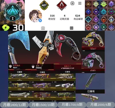 【編號G24】月付1400元起 主打通用爪刀FF大劍瓦爾基里新尋血四傳家寶 ALGS徽章 異色散熱器多通行證白金316金造型 詳圖洽詢1