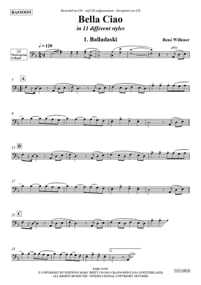 Bella Ciao Bassoon + Play Back / Play Along CD or MP3 (Download)3