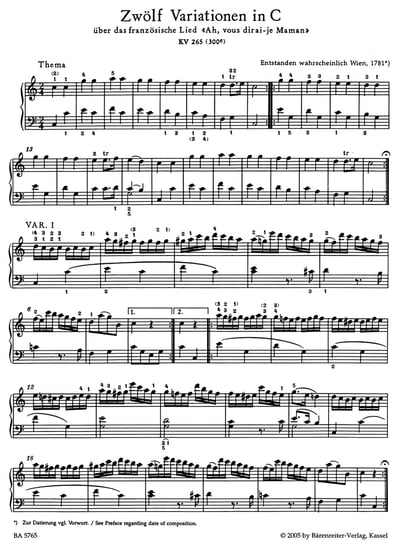  W. A. Mozart : "Ah, vous dirai-je, Maman.  12 Variations in C maj K. 265"2