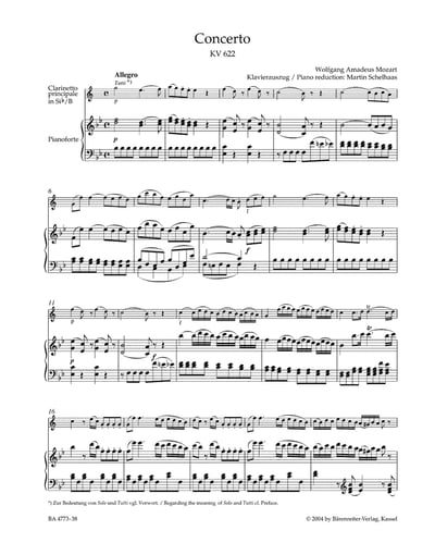 W. A. Mozart : Concerto K. 622. Transposed version into B-flat maj for Bb Clarinet & Piano2