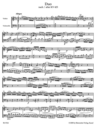 W. A. Mozart : Zwei Duos für Violine und Violoncellonach den Duos für Violine und Viola KV 423, 4242
