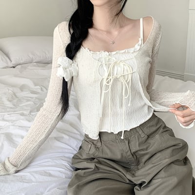 [Salantem/透裏] TOPY 蝴蝶結 束帶 荷葉 針織衫 針織衫 外套 RAID 防曬 夏季開襟毛衫2