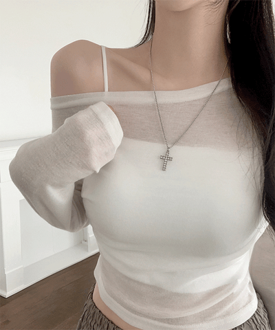 [層疊式單品！]/透視] MARY 透裏 單肩 短身長 長袖 T恤 無紋 露肩 分層 夏季 長袖1