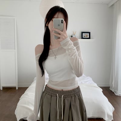 [層疊式單品！]/透視] MARY 透裏 單肩 短身長 長袖 T恤 無紋 露肩 分層 夏季 長袖3