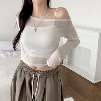 [層疊式單品！]/透視] MARY 透裏 單肩 短身長 長袖 T恤 無紋 露肩 分層 夏季 長袖5