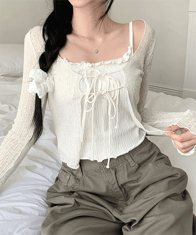 [Salantem/透裏] TOPY 蝴蝶結 束帶 荷葉 針織衫 針織衫 外套 RAID 防曬 夏季開襟毛衫1
